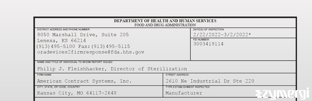 FDANews 483 American Contract Systems, Inc. Mar 2 2022 top