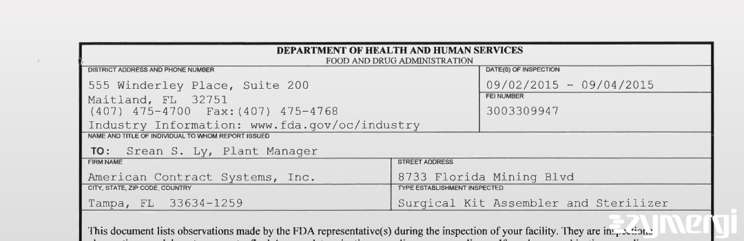 FDANews 483 American Contract Systems, Inc. Sep 4 2015 top