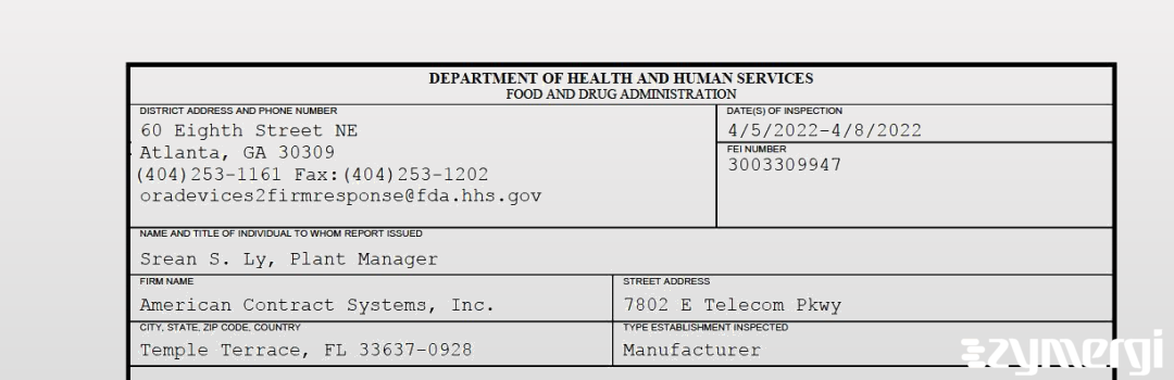 FDANews 483 American Contract Systems, Inc. Apr 8 2022 top