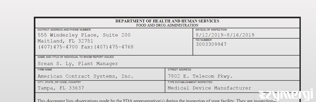 FDANews 483 American Contract Systems, Inc. Aug 16 2019 top