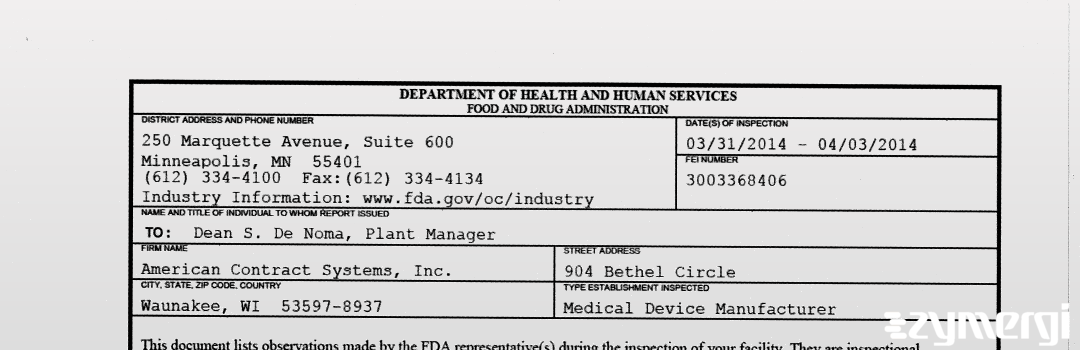 FDANews 483 American Contract Systems, Inc. Apr 3 2014 top