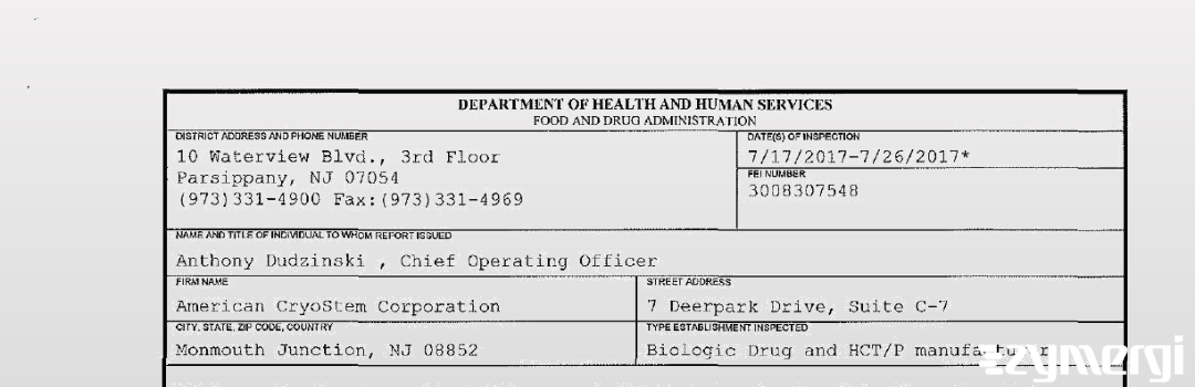 FDANews 483 American CryoStem Corporation Jul 26 2017 top