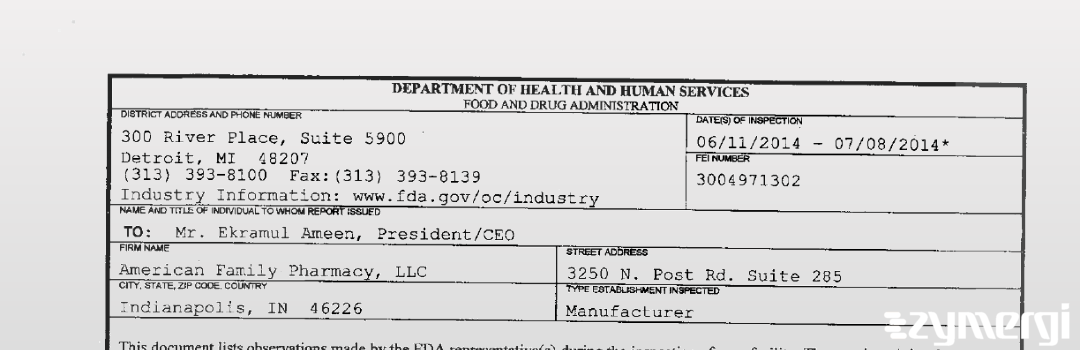 FDANews 483 American Family Pharmacy, LLC Jul 8 2014 top