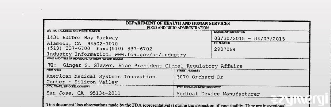 FDANews 483 American Medical Systems Innovation Center - Silicon Valley Apr 3 2015 top