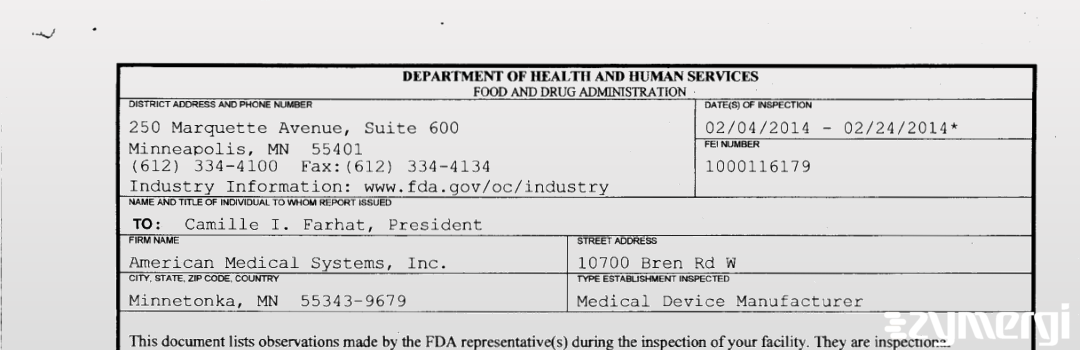 FDANews 483 American Medical Systems, Inc. Feb 24 2014 top