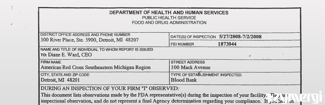 FDANews 483 American National Red Cross Southeastern Michigan Region Jul 2 2008 top