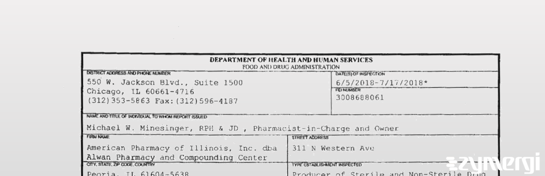 FDANews 483 American Pharmacy of Illinois, Inc. dba Alwan Pharmacy and Compounding Center Jul 17 2018 top