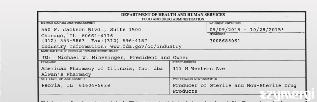 FDANews 483 American Pharmacy of Illinois, Inc. dba Alwan's Pharmacy Oct 28 2015 top