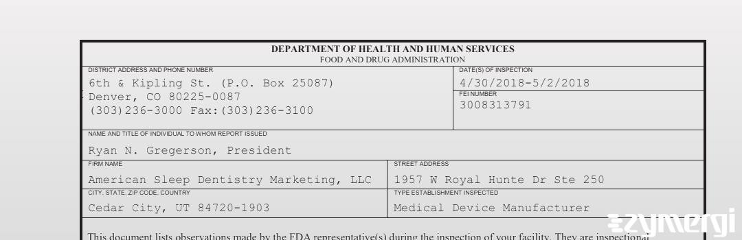 FDANews 483 American Sleep Dentistry Marketing, LLC May 2 2018 top