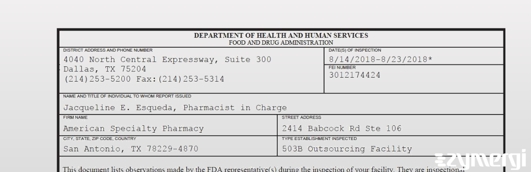 FDANews 483 American Specialty Pharmacy Aug 23 2018 top