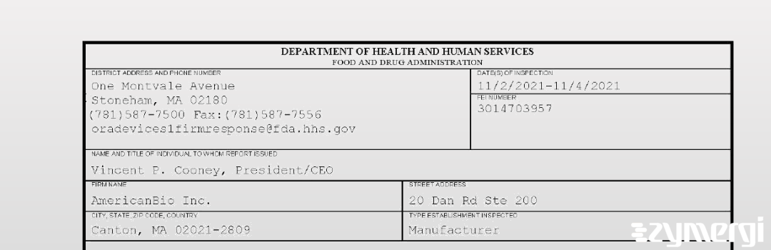 FDANews 483 AmericanBio Inc. Nov 4 2021 top