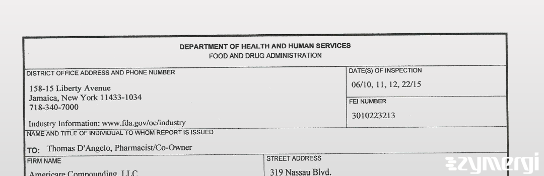 FDANews 483 Americare Compounding, LLC. Jun 22 2015 top