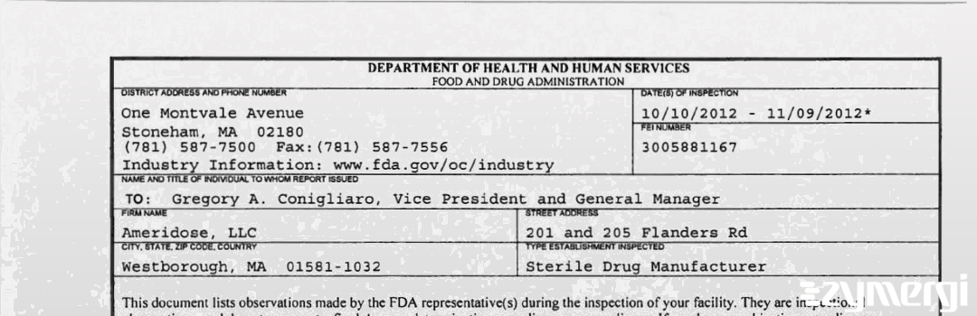 FDANews 483 Ameridose, LLC Nov 9 2012 top