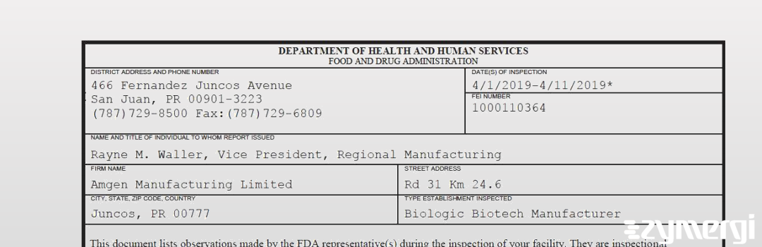 FDANews 483 Amgen Manufacturing Limited Apr 11 2019 top