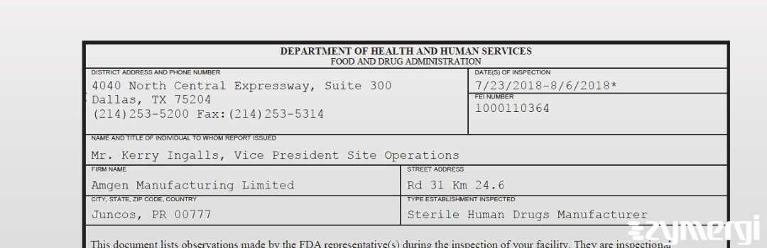 FDANews 483 Amgen Manufacturing Limited Aug 6 2018 top