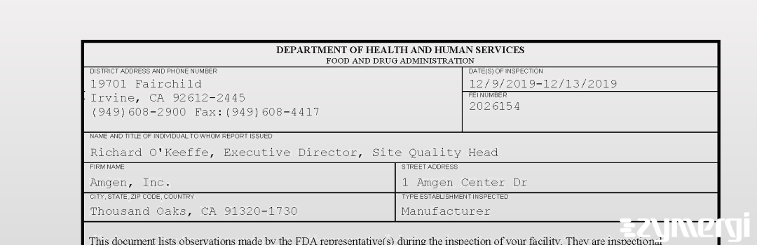 FDANews 483 Amgen, Inc. Dec 13 2019 top