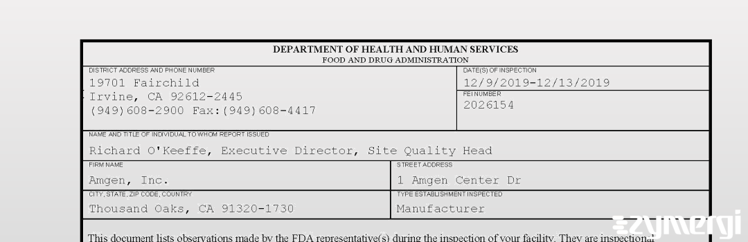 FDANews 483 Amgen, Inc. Dec 13 2019 top