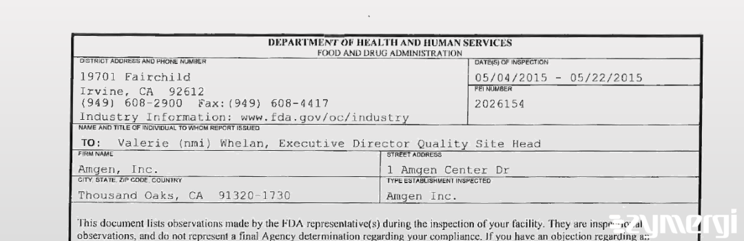 FDANews 483 Amgen, Inc. May 22 2015 top