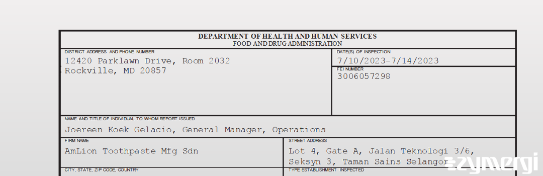 FDANews 483 AmLion Toothpaste Mfg Sdn Jul 14 2023 top