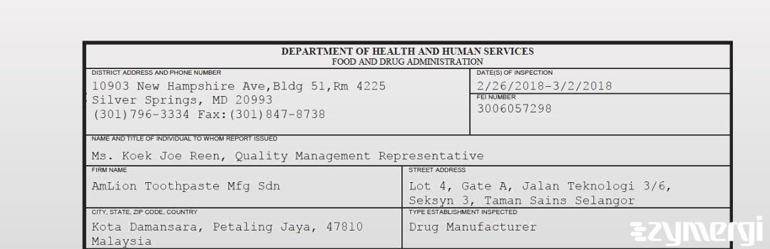 FDANews 483 AmLion Toothpaste Mfg Sdn Mar 2 2018 top