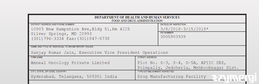 FDANews 483 Amneal Oncology Private Limited Mar 15 2018 top