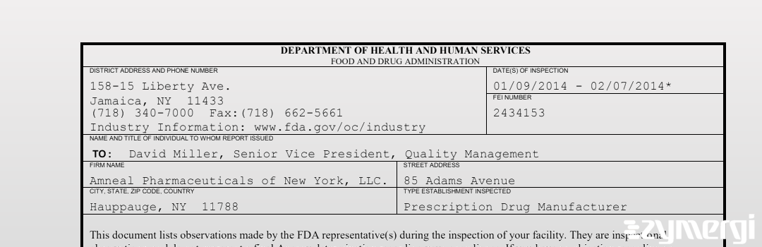 FDAzilla 483 Amneal Pharmaceuticals of New York, LLC Feb 7 2014 top