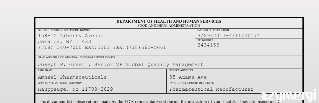 FDANews 483 Amneal Pharmaceuticals of New York, LLC Apr 11 2017 top