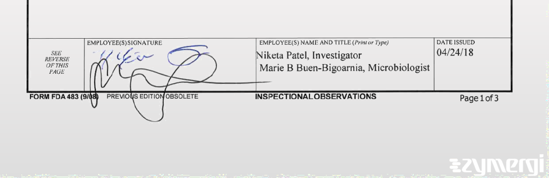 Niketa Patel FDA Investigator Marie B. Buen-Bigornia FDA Investigator 