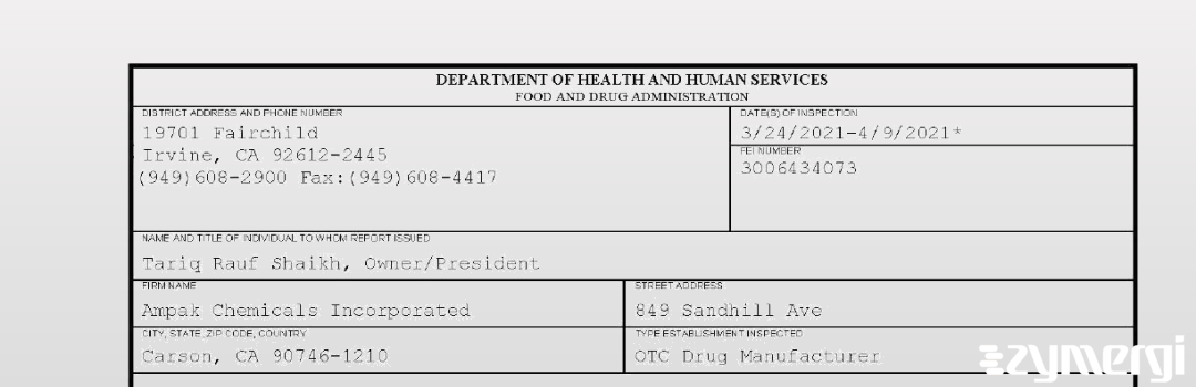 FDANews 483 Ampak Chemicals Incorporated Apr 9 2021 top