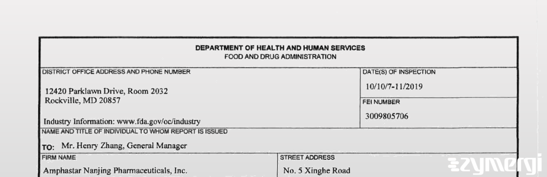 FDANews 483 Amphastar Nanjing Pharmaceuticals Inc Oct 11 2019 top