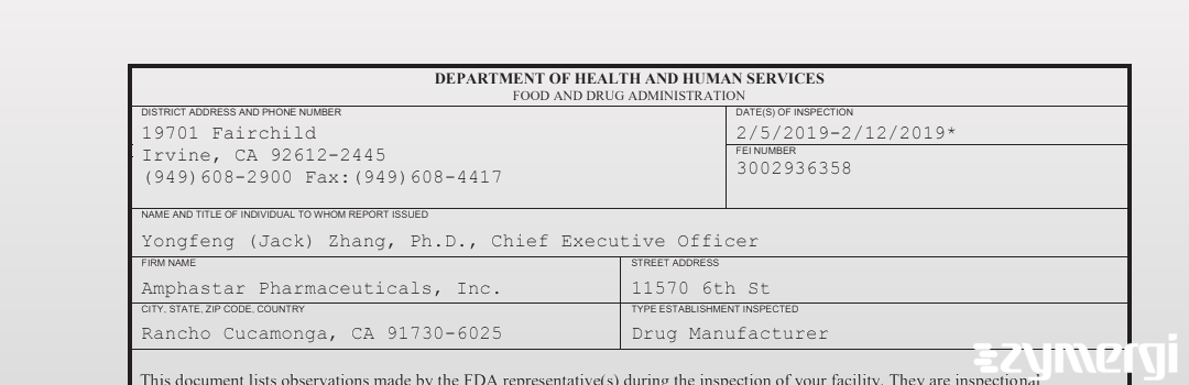 FDANews 483 Amphastar Pharmaceuticals, Inc. Feb 12 2019 top
