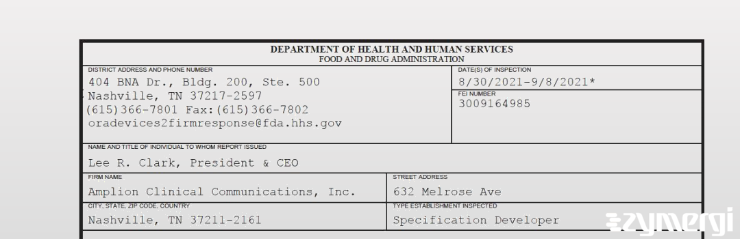 FDANews 483 Amplion Clinical Communications, Inc. Sep 8 2021 top