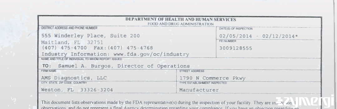FDAzilla 483 AMS Diagnostics, LLC Feb 12 2014 top