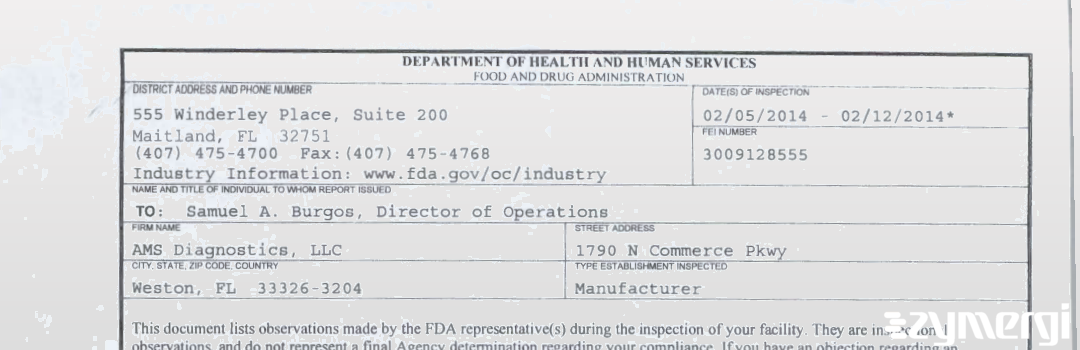 FDANews 483 AMS Diagnostics, LLC Feb 12 2014 top