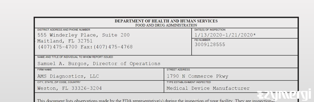 FDANews 483 AMS Diagnostics, LLC Jan 21 2020 top