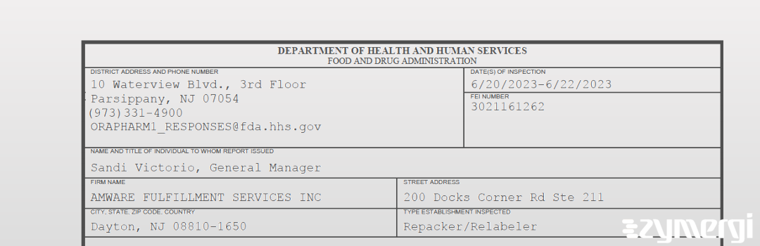 FDANews 483 AMWARE FULFILLMENT SERVICES INC Jun 22 2023 top