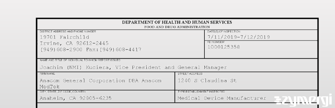 FDANews 483 Anacom General Corporation DBA Anacom MedTek Jul 12 2019 top