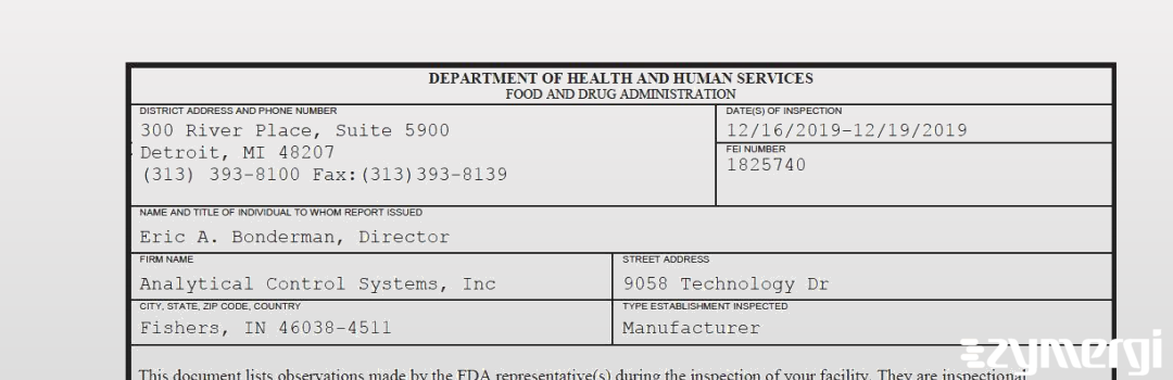 FDANews 483 Analytical Control Systems, Inc Dec 19 2019 top