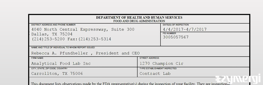 FDANews 483 Analytical Food Lab Inc Apr 7 2017 top