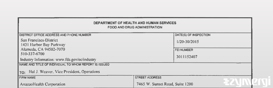 FDANews 483 AnazaoHealth Corporation Jan 30 2015 top