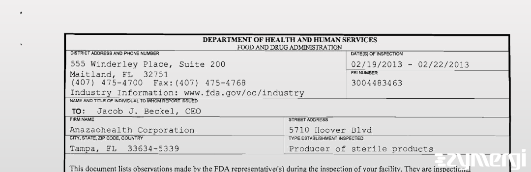 FDANews 483 AnazaoHealth Corporation Feb 22 2013 top