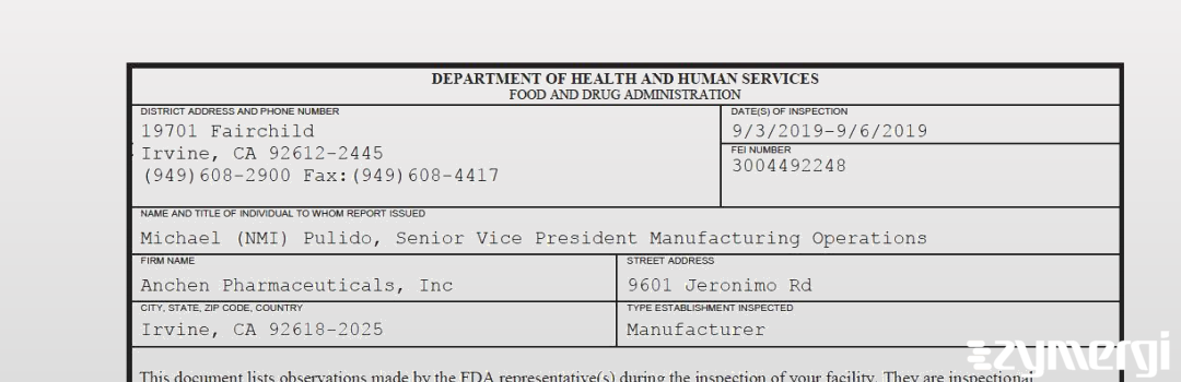 FDANews 483 Anchen Pharmaceuticals, Inc. Sep 6 2019 top