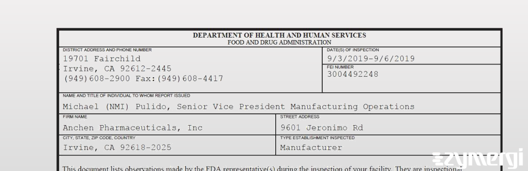 FDANews 483 Anchen Pharmaceuticals, Inc. Sep 6 2019 top