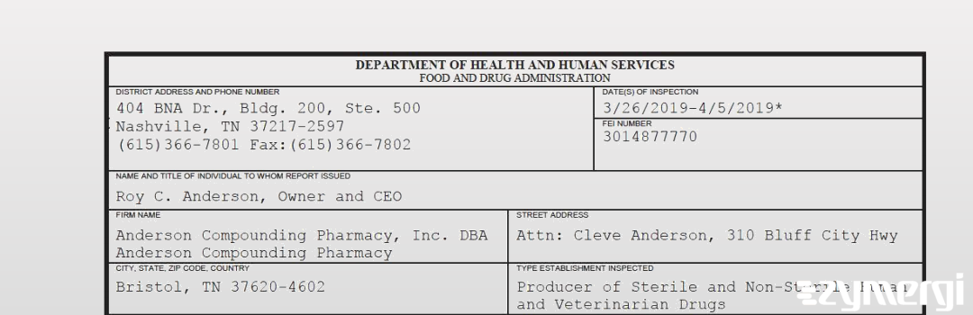 FDANews 483 Anderson Compounding Pharmacy, Inc. DBA Anderson Compounding Pharmacy Apr 5 2019 top