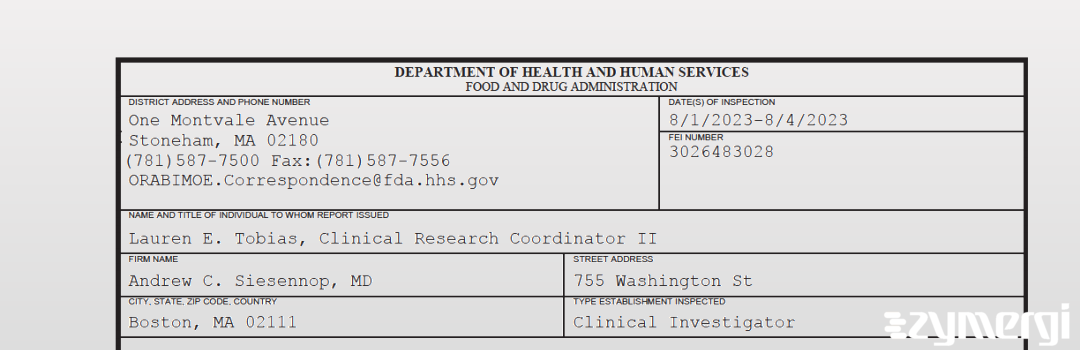 FDANews 483 Andrew C. Siesennop, MD Aug 4 2023 top