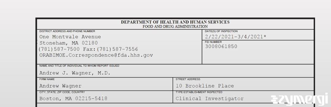 FDANews 483 Andrew J. Wagner, M.D. Mar 4 2021 top