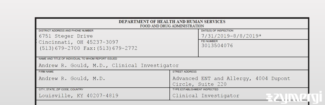 FDANews 483 Andrew R. Gould, M.D. Aug 8 2019 top