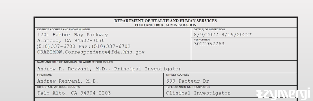 FDANews 483 Andrew Rezvani, M.D. Aug 19 2022 top