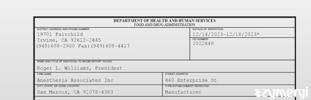 FDANews 483 Anesthesia Associates Inc Dec 18 2023 top