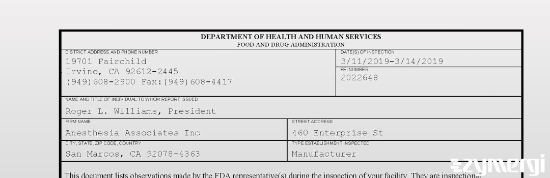 FDANews 483 Anesthesia Associates Inc Mar 14 2019 top